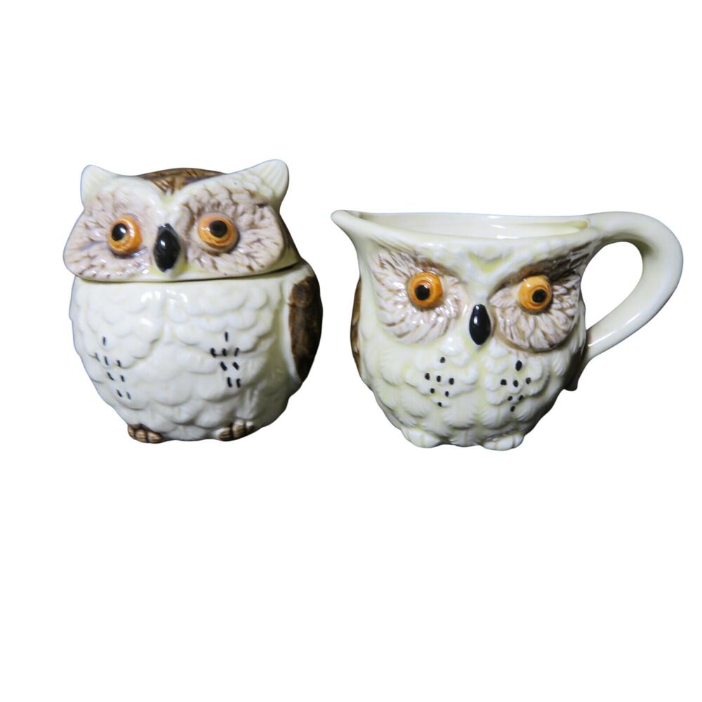 Owl Enesco Sugar & Creamer 2 Pc Set Beige S 3.5x3.5x3.5 C 4.5x3x3 Japan Vintage